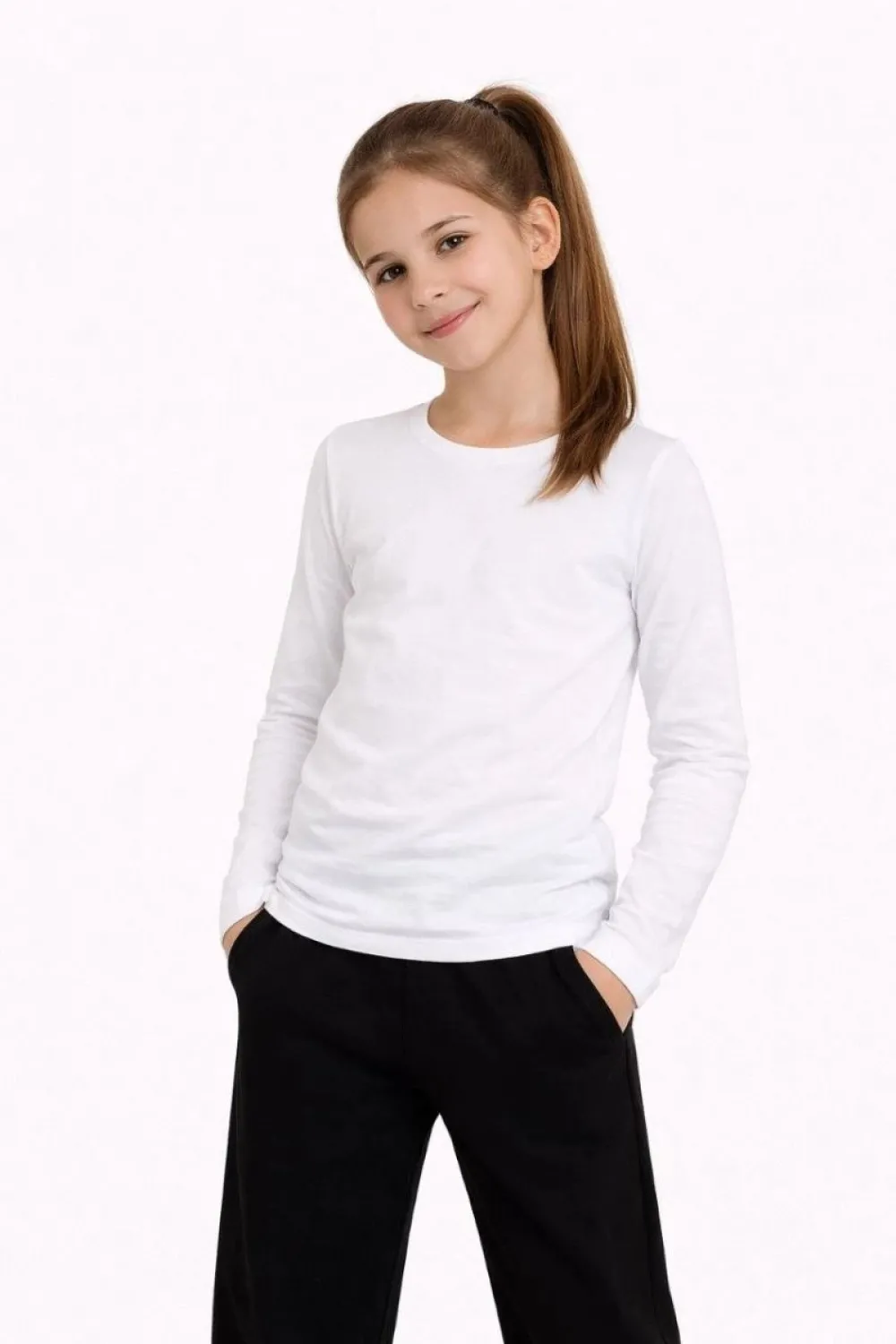 Kız Çocuk Basic Uzun Kollu Tişört Okul Günlük Rahat T-Shirt - Beyaz