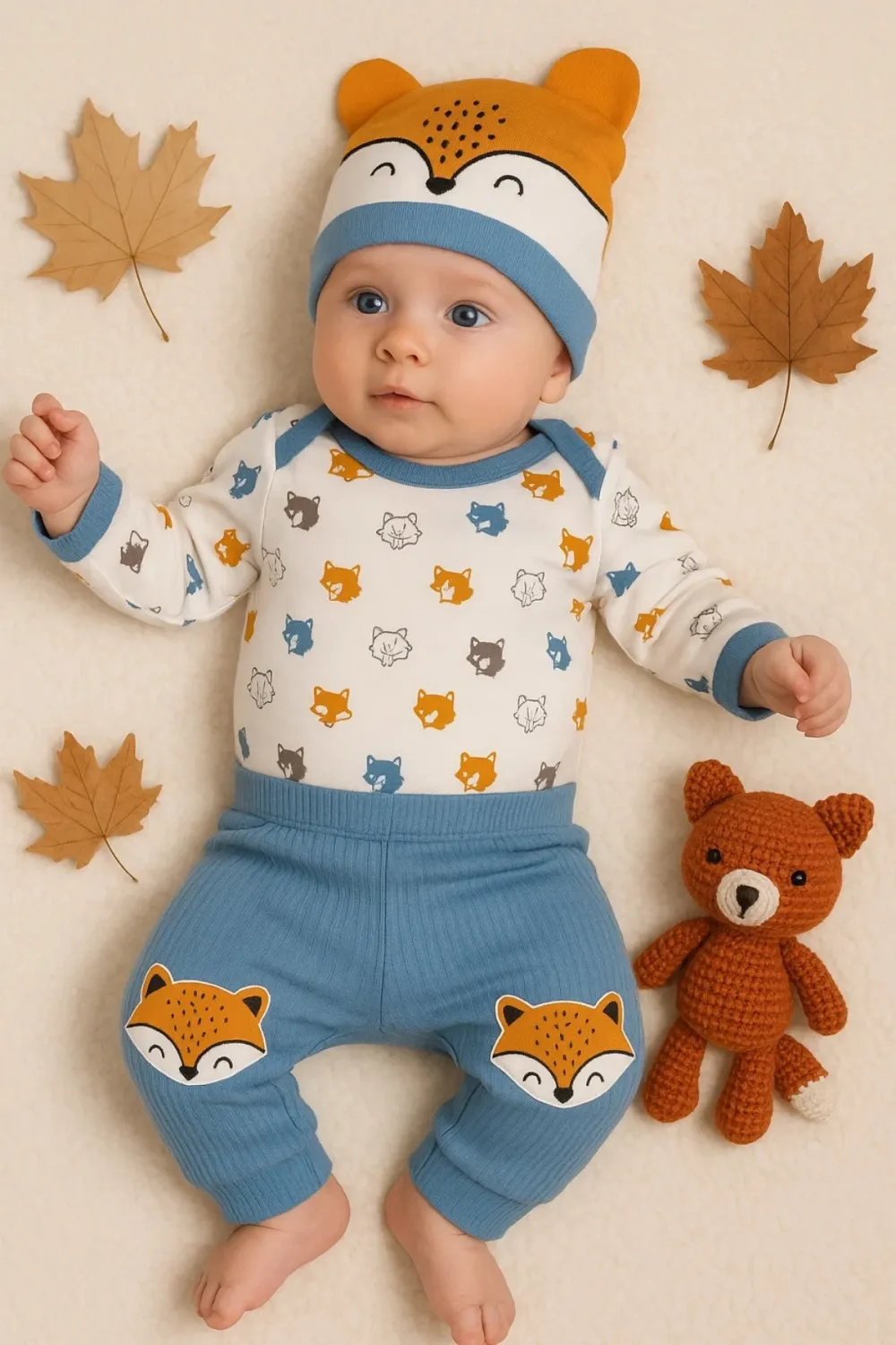 iegiyim™ Little Fox Desenli 3lü % 100 Pamuklu Erkek Takım