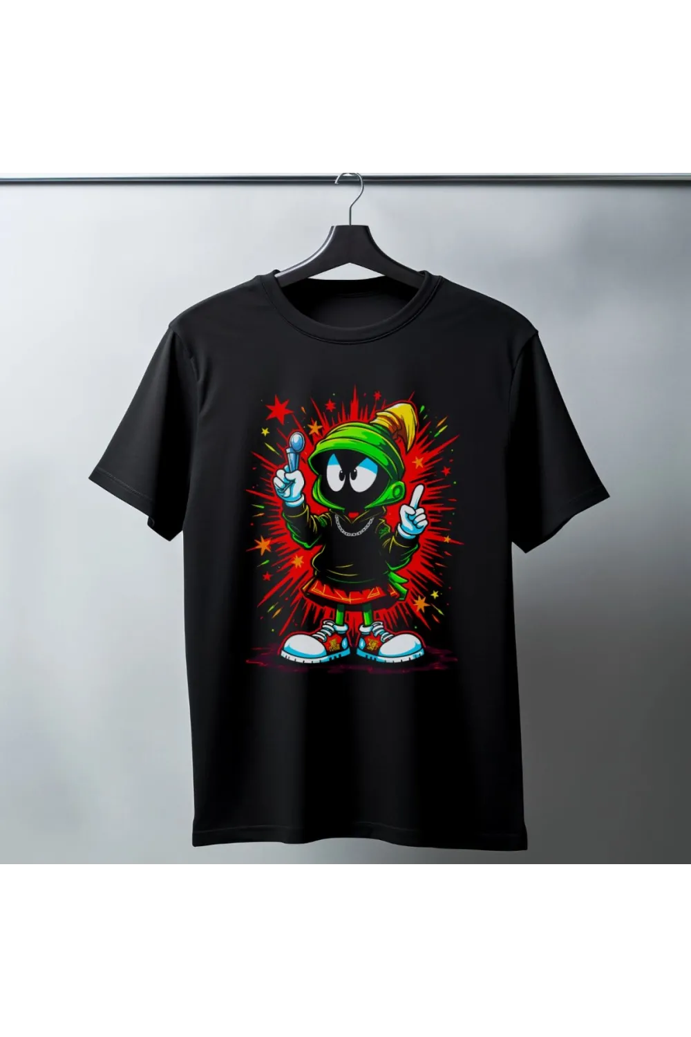 Marvin the Martian Graffiti Baskılı Unisex Siyah Tişört - 24/1 Penye Pamuklu