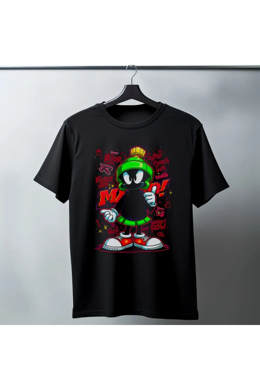 Marvin the Martian Graffiti Baskılı Unisex Siyah Tişört - 24/1 Penye Pamuklu