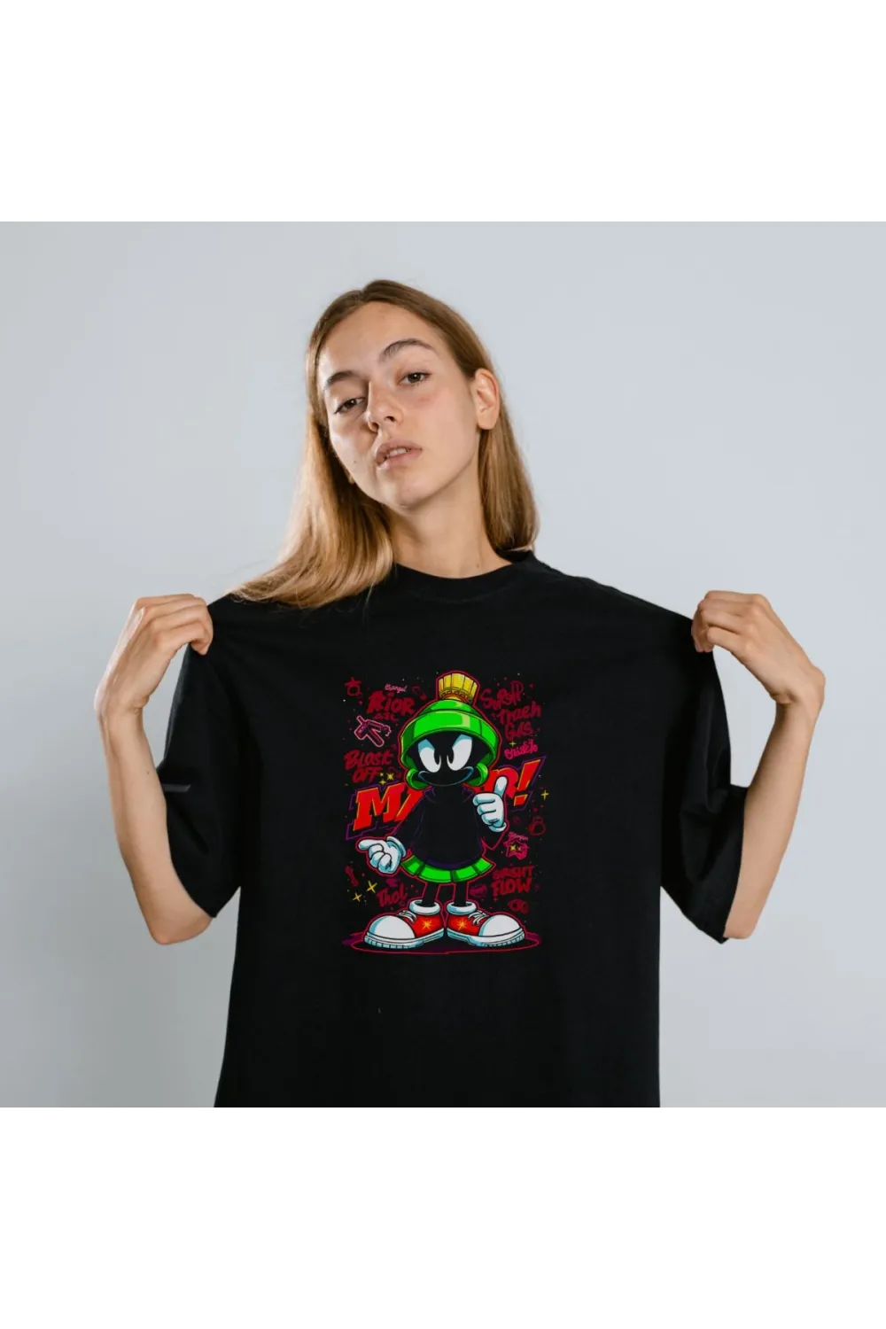 Marvin the Martian Graffiti Baskılı Unisex Siyah Tişört - 24/1 Penye Pamuklu