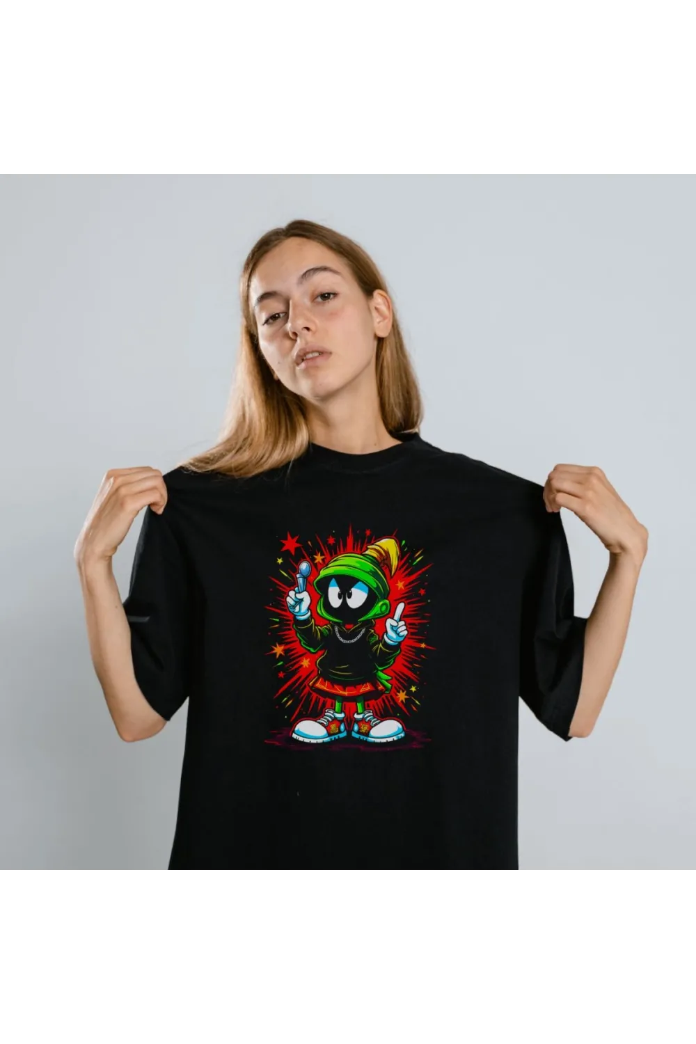 Marvin the Martian Graffiti Baskılı Unisex Siyah Tişört - 24/1 Penye Pamuklu