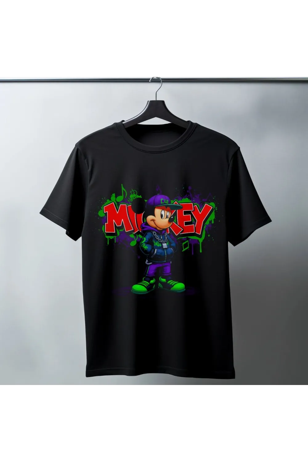 Mickey Mouse Graffiti Baskılı Unisex Siyah Oversize Tişört - 24/1 Penye