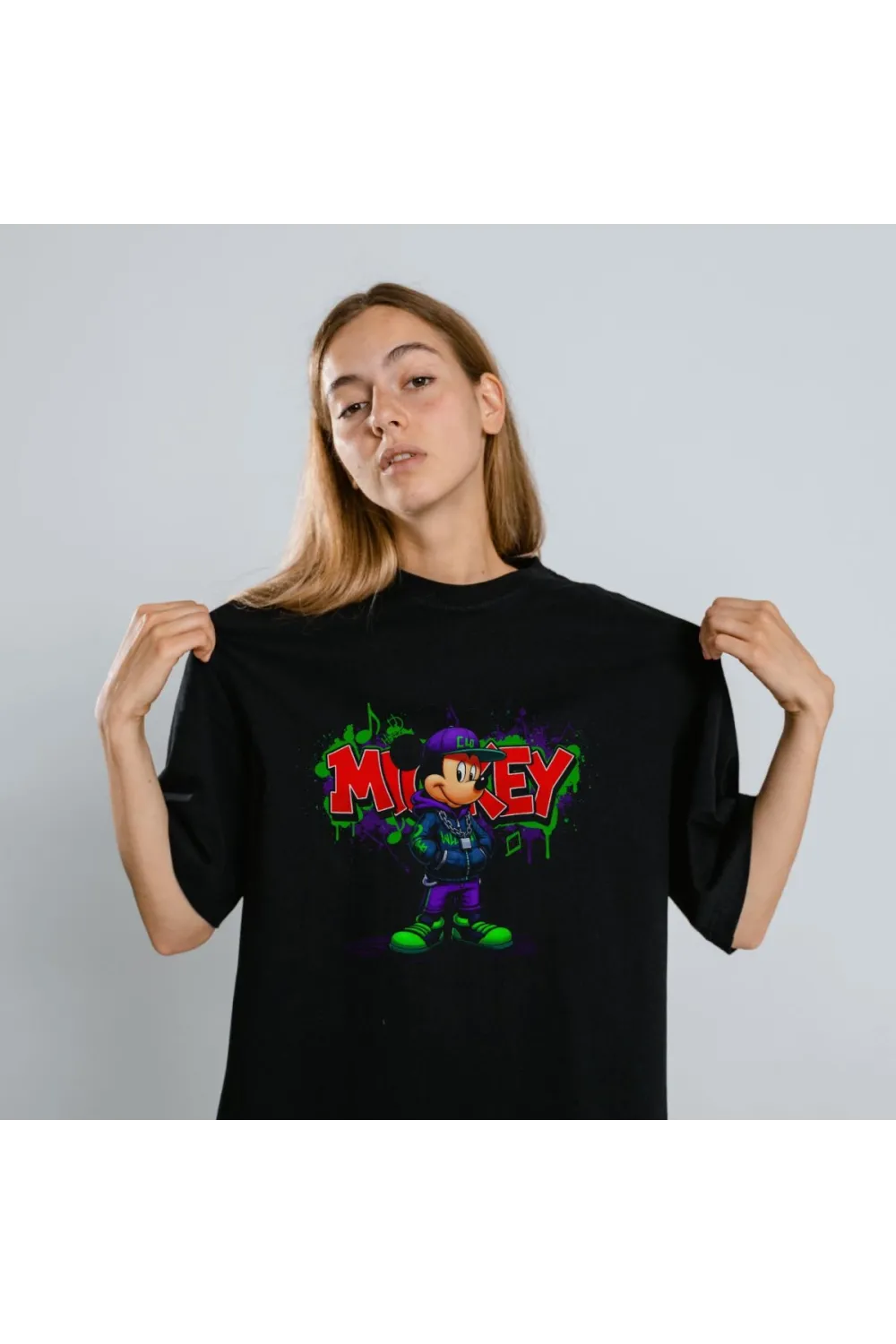 Mickey Mouse Graffiti Baskılı Unisex Siyah Oversize Tişört - 24/1 Penye