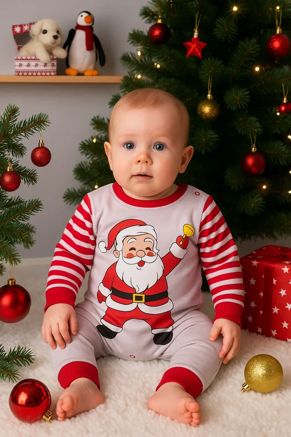 iegiyim™ Noel Baba Detaylı Bebek Tulum % 100 Pamuk