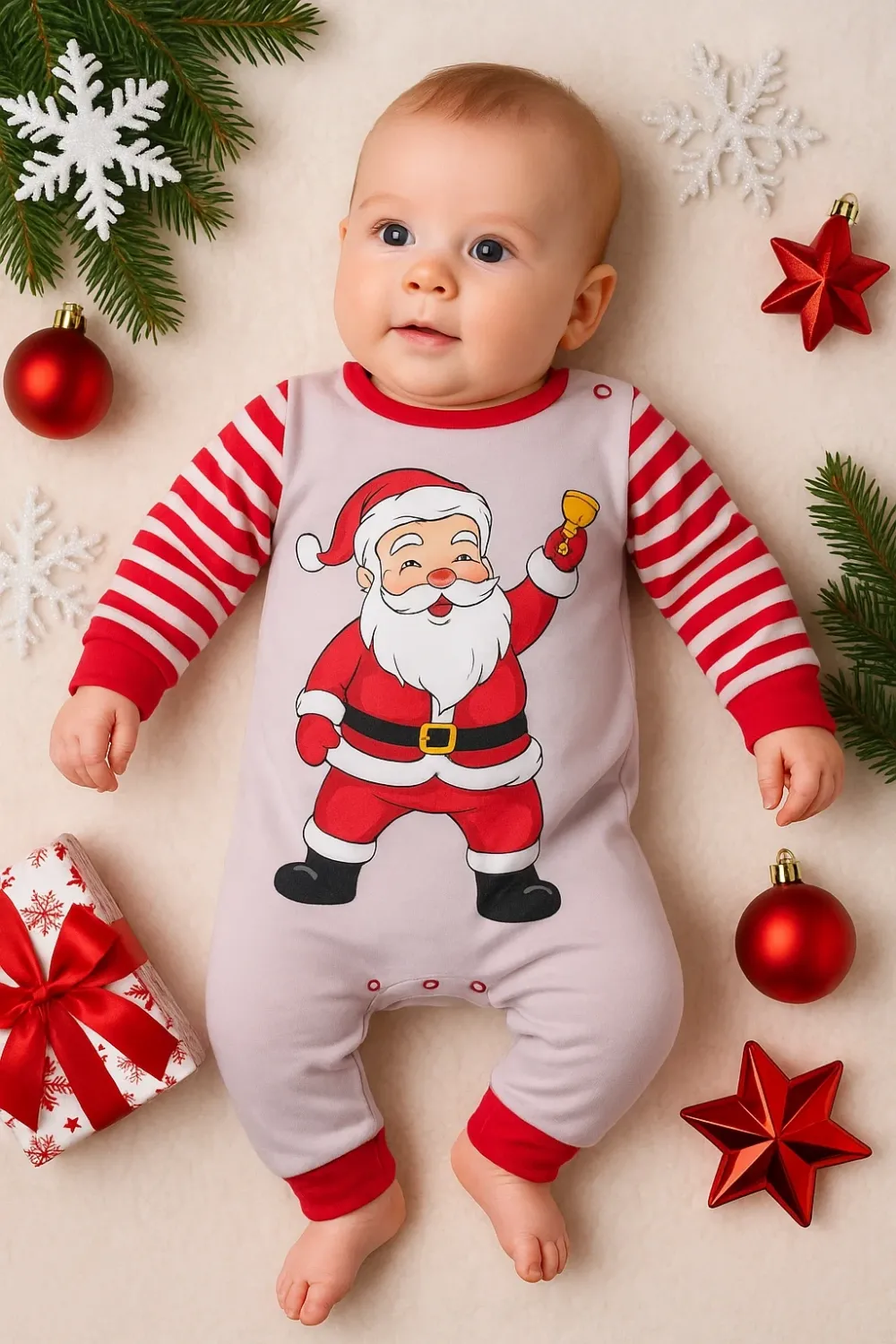 iegiyim™ Noel Baba Detaylı Bebek Tulum % 100 Pamuk