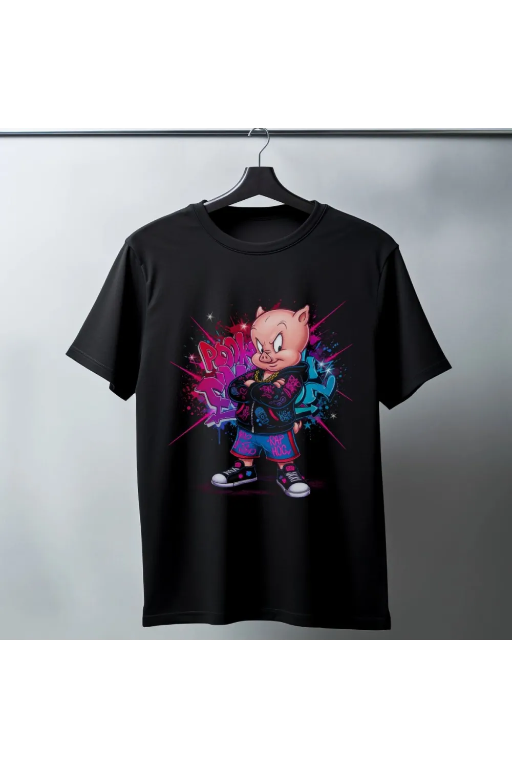 Porky Pig Graffiti Baskılı Unisex Siyah Oversize Tişört - 24/1 Penye