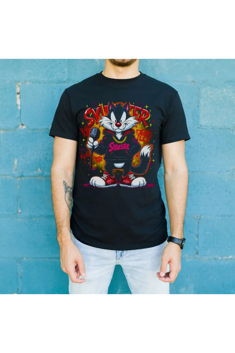 Sylvester Graffiti Baskılı Unisex Siyah Oversize Tişört - 24/1 Penye