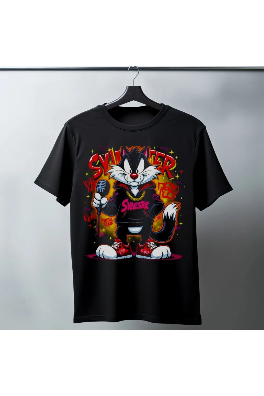 Sylvester Graffiti Baskılı Unisex Siyah Oversize Tişört - 24/1 Penye