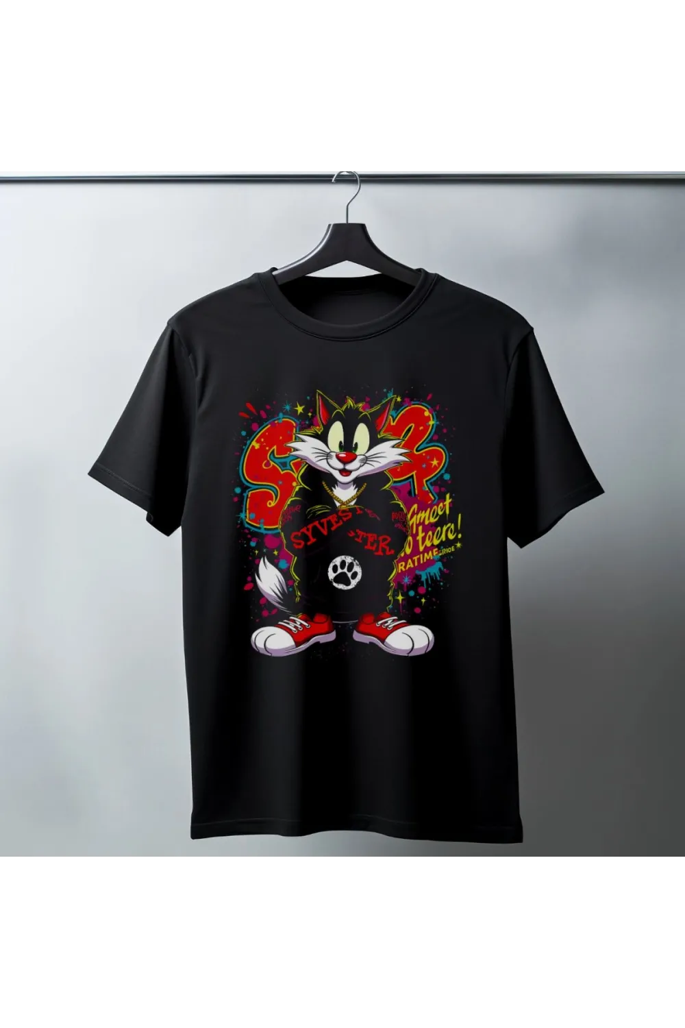 Sylvester Graffiti Baskılı Unisex Siyah Oversize Tişört - 24/1 Penye