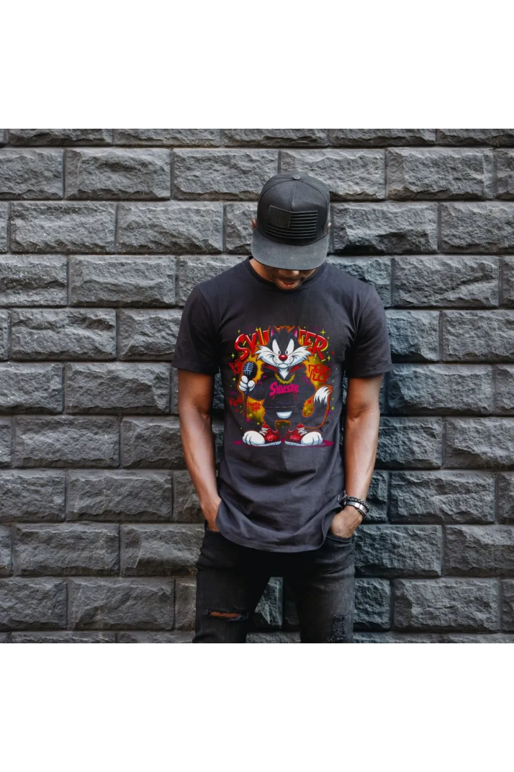 Sylvester Graffiti Baskılı Unisex Siyah Oversize Tişört - 24/1 Penye