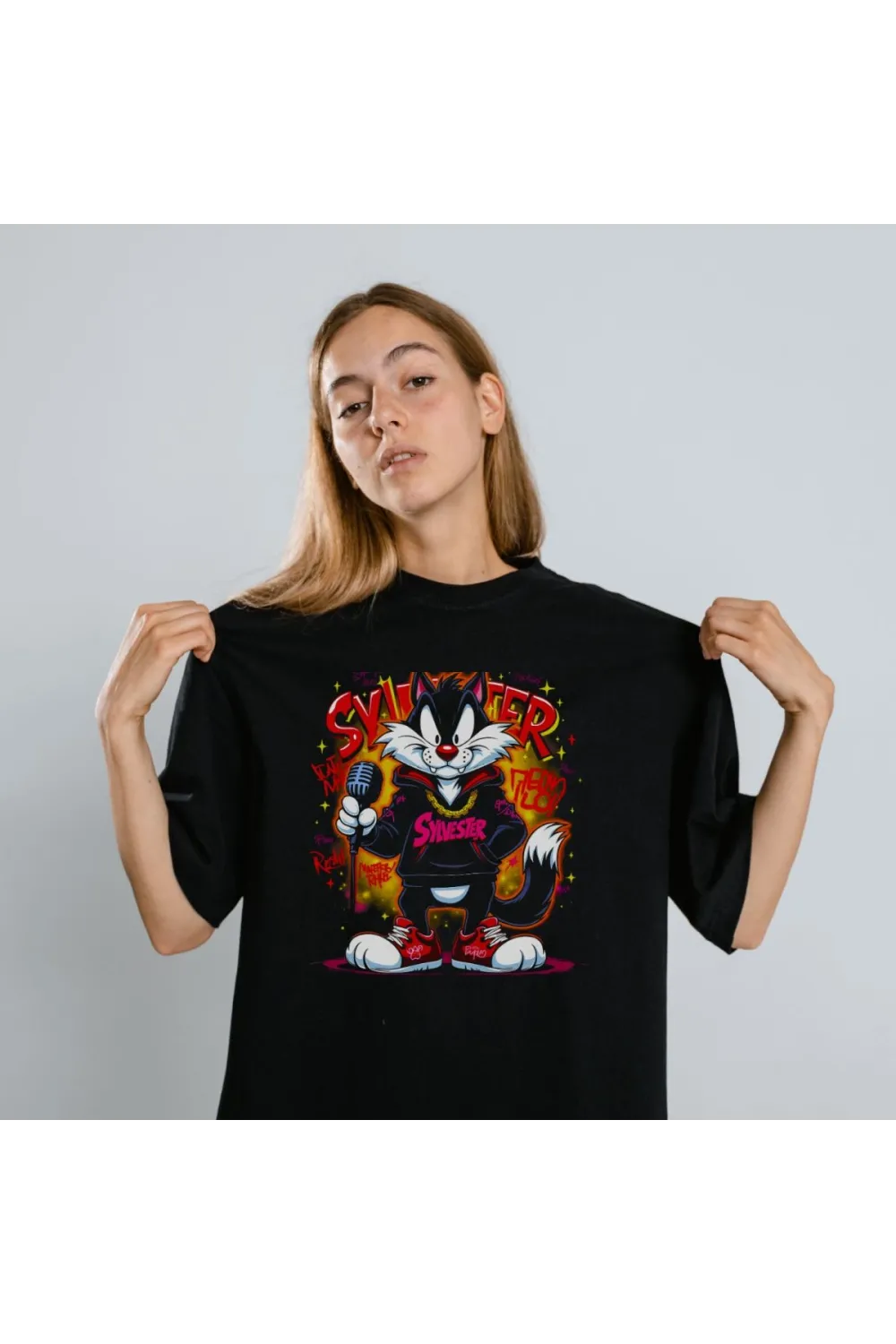 Sylvester Graffiti Baskılı Unisex Siyah Oversize Tişört - 24/1 Penye