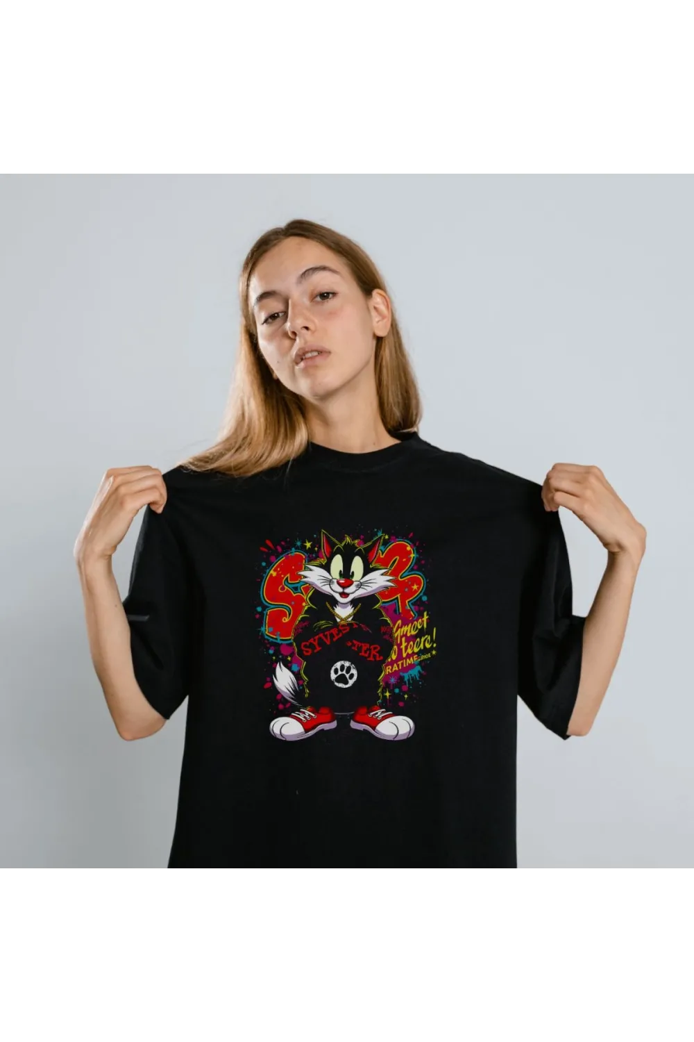 Sylvester Graffiti Baskılı Unisex Siyah Oversize Tişört - 24/1 Penye