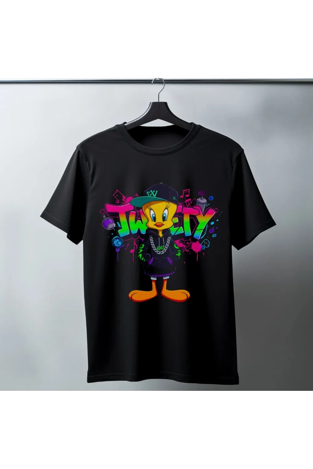 Tweety Graffiti Baskılı Unisex Siyah Oversize Tişört - 24/1 Penye