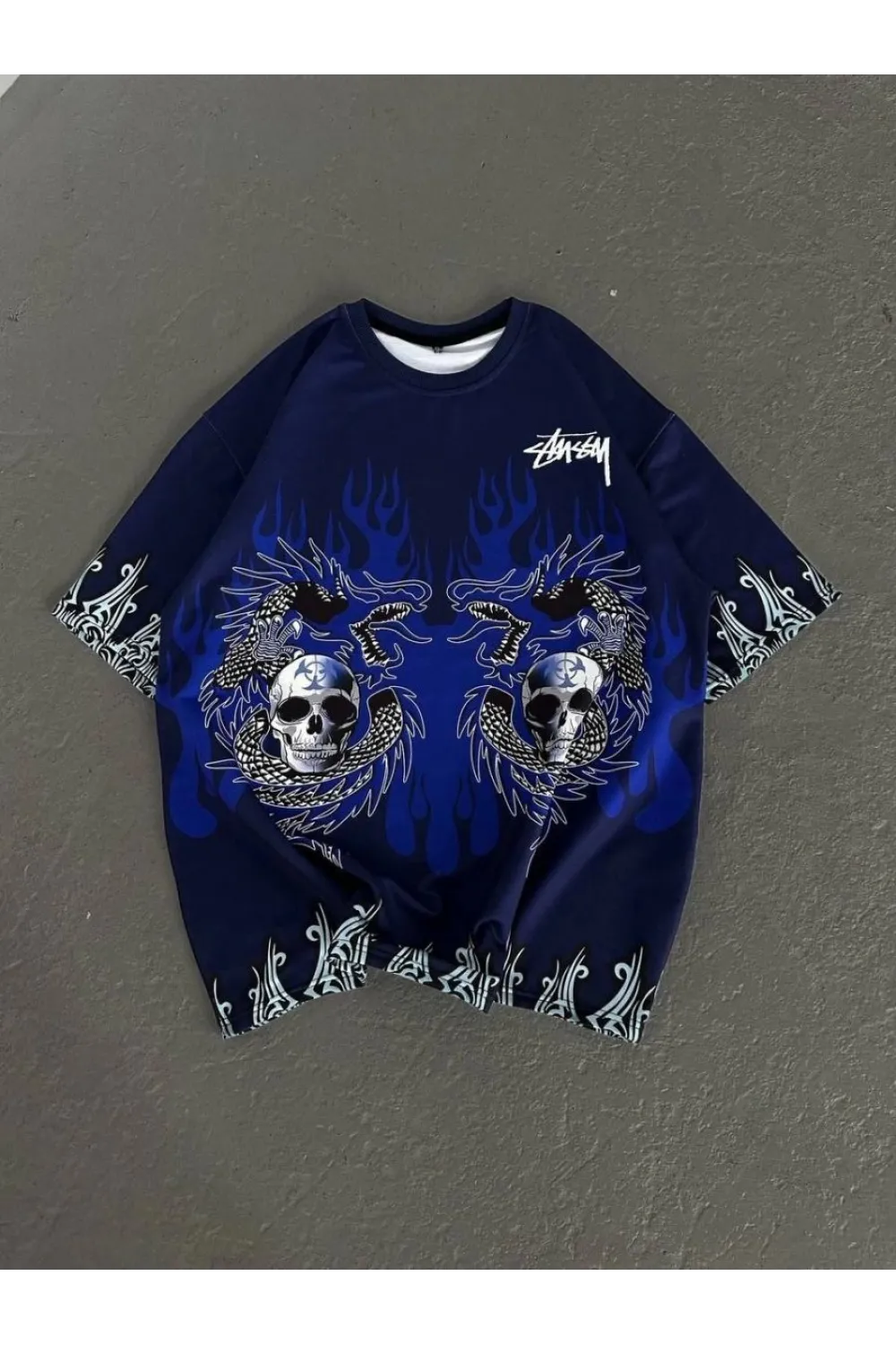 Unisex Bisiklet Yaka Baskılı Oversize T-Shirt - Lacivert