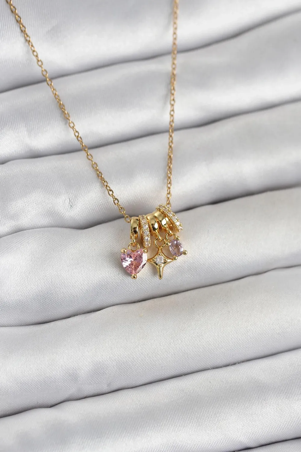 ietaks™ 316L Çelik Gold Pembe Zirkon Taşlı Charmlı Kadın Kolye