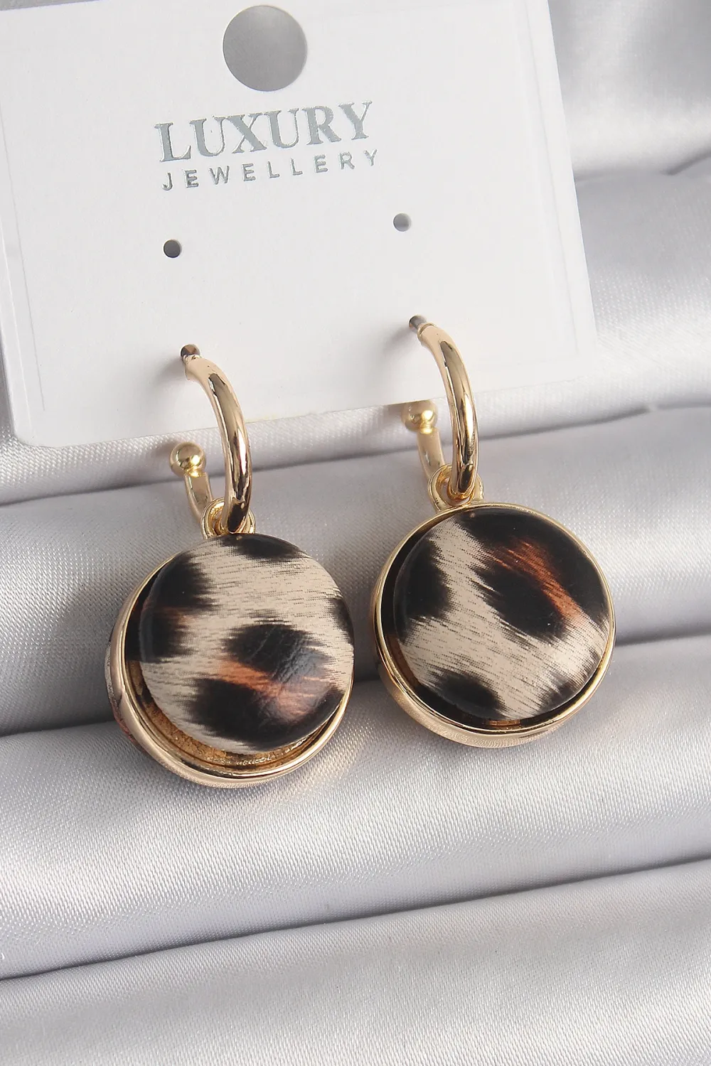 ietaks™ Pirinç Gold Renk Leopar Desenli Daire Model Kadın Küpe