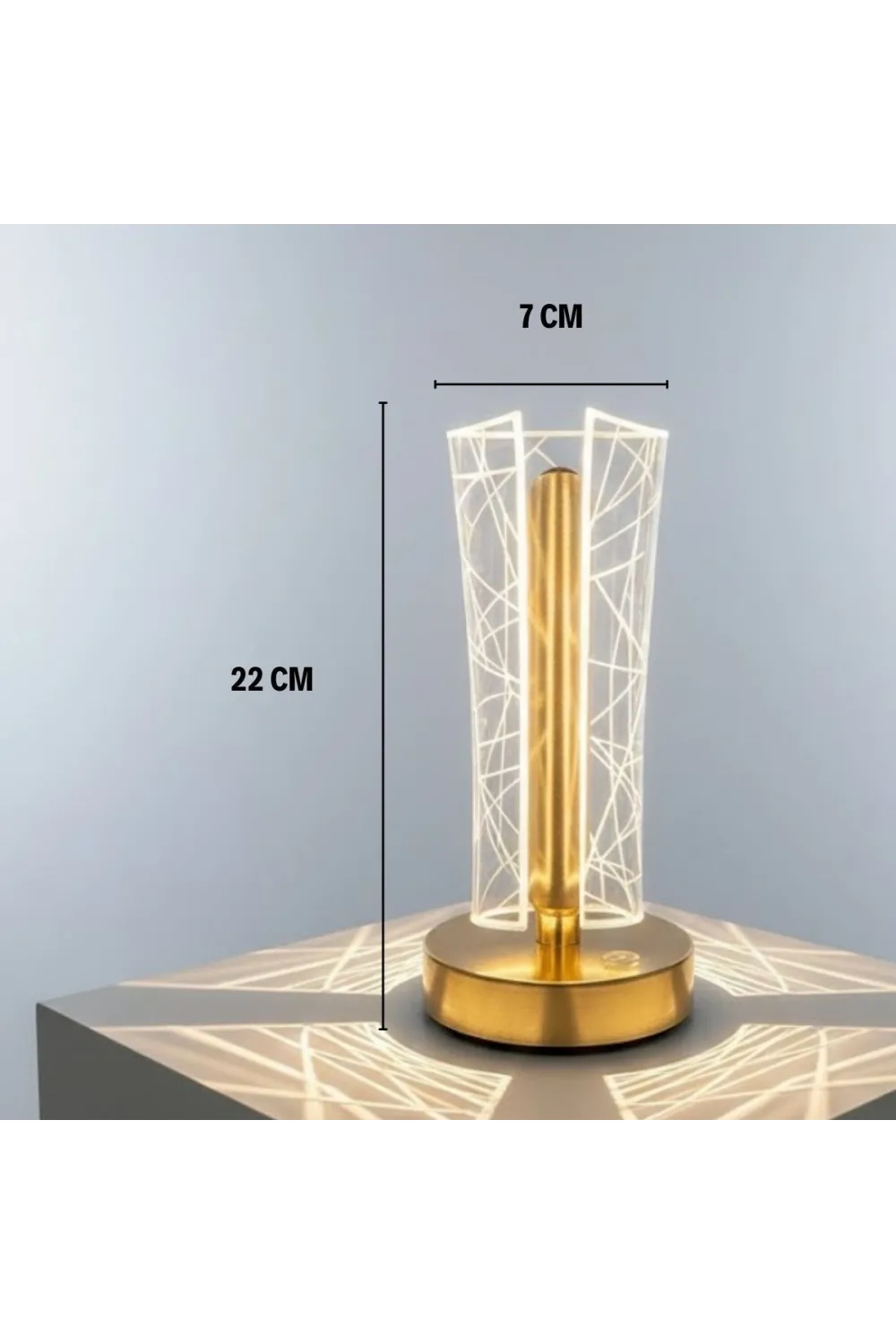 İki Yandan Kavisli Silindirik Geometrik Çizgi Model kristal Led Masa Lambası – Dokunmatik, 3 Renk Işık Modlu, Şarjlı Dekoratif Gece Lambası
