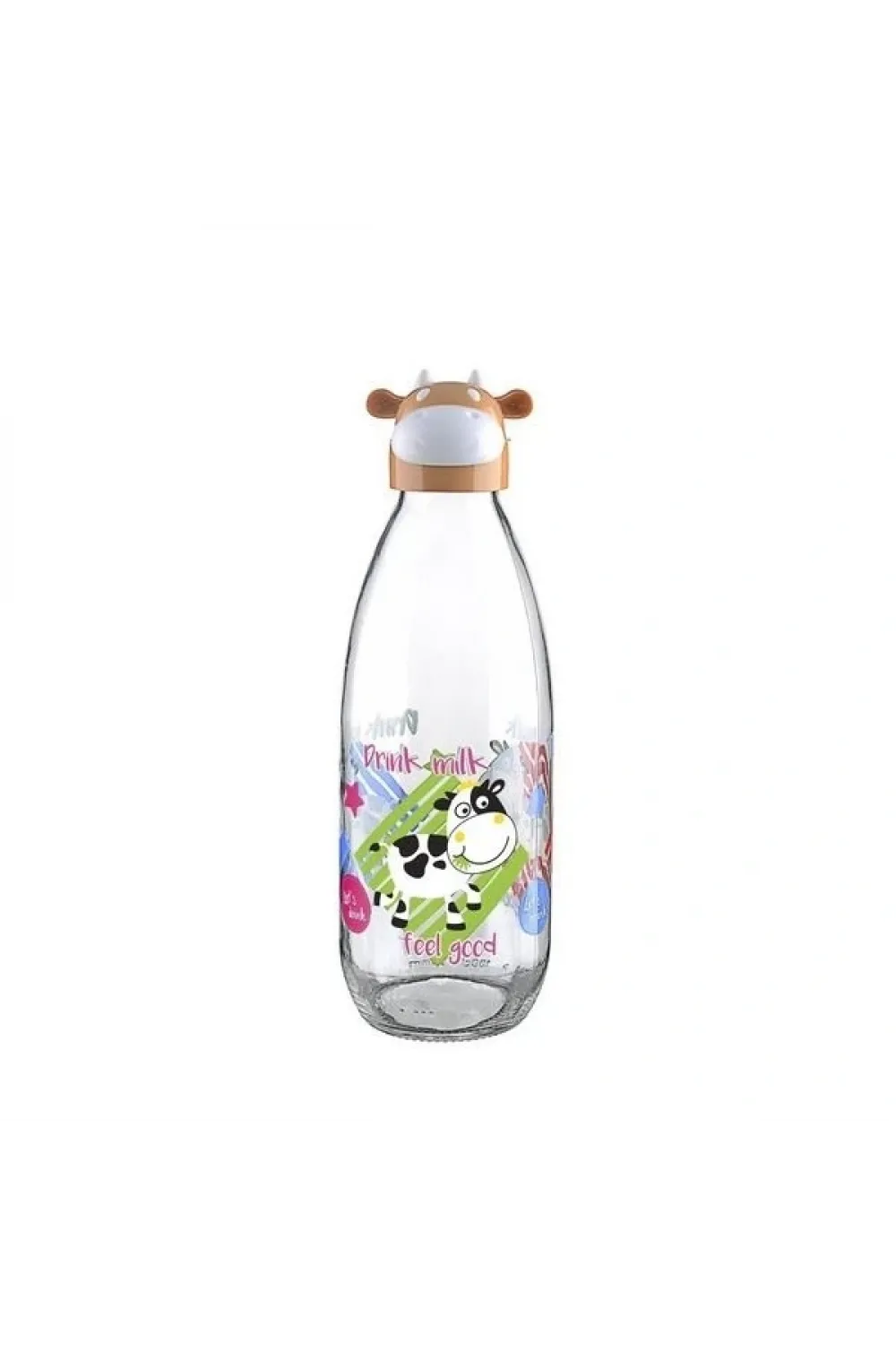 İnek Tasarımlı Sevimli Cam Suluk - Süt Şişesi 1000 Ml