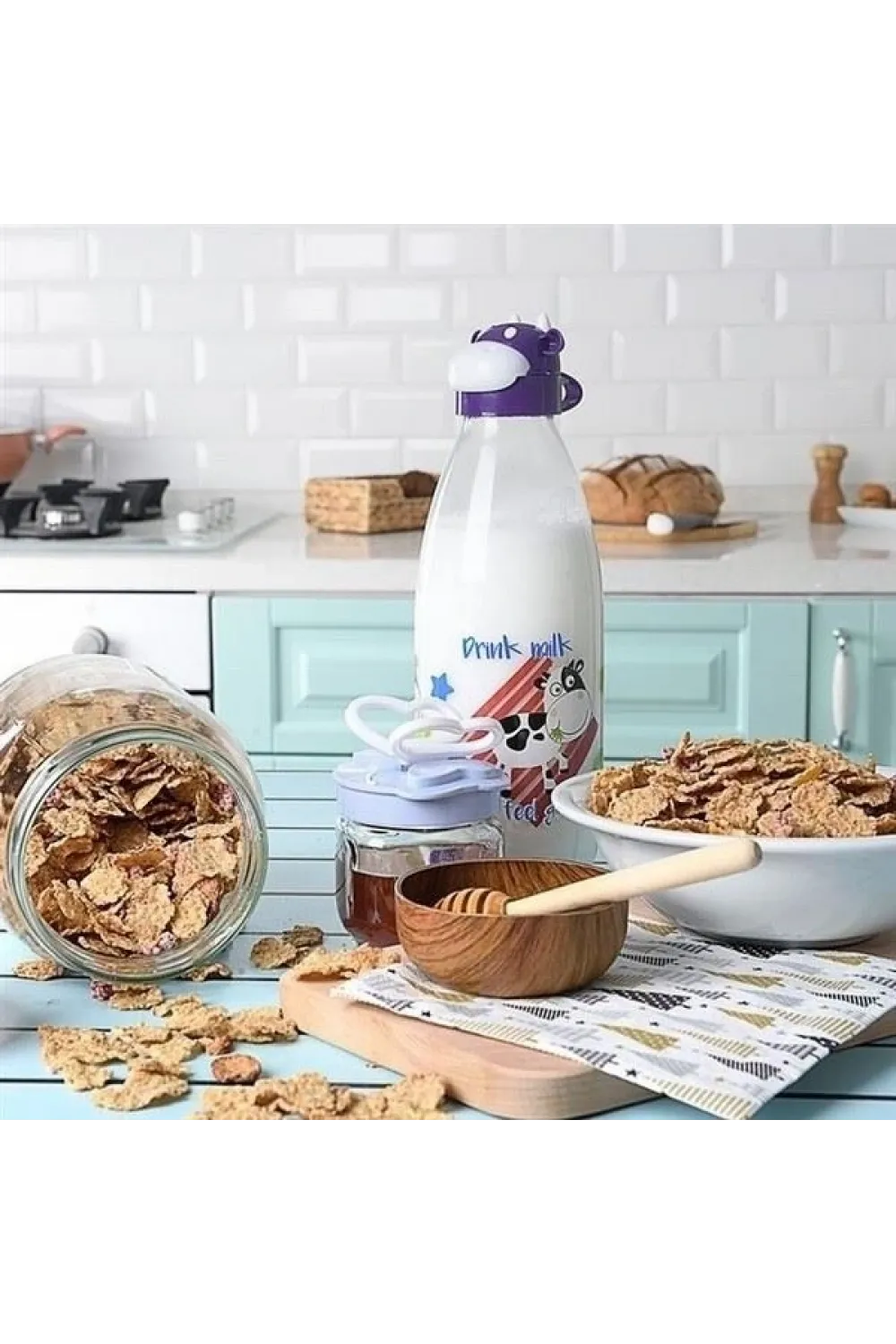 İnek Tasarımlı Sevimli Cam Suluk - Süt Şişesi 1000 Ml