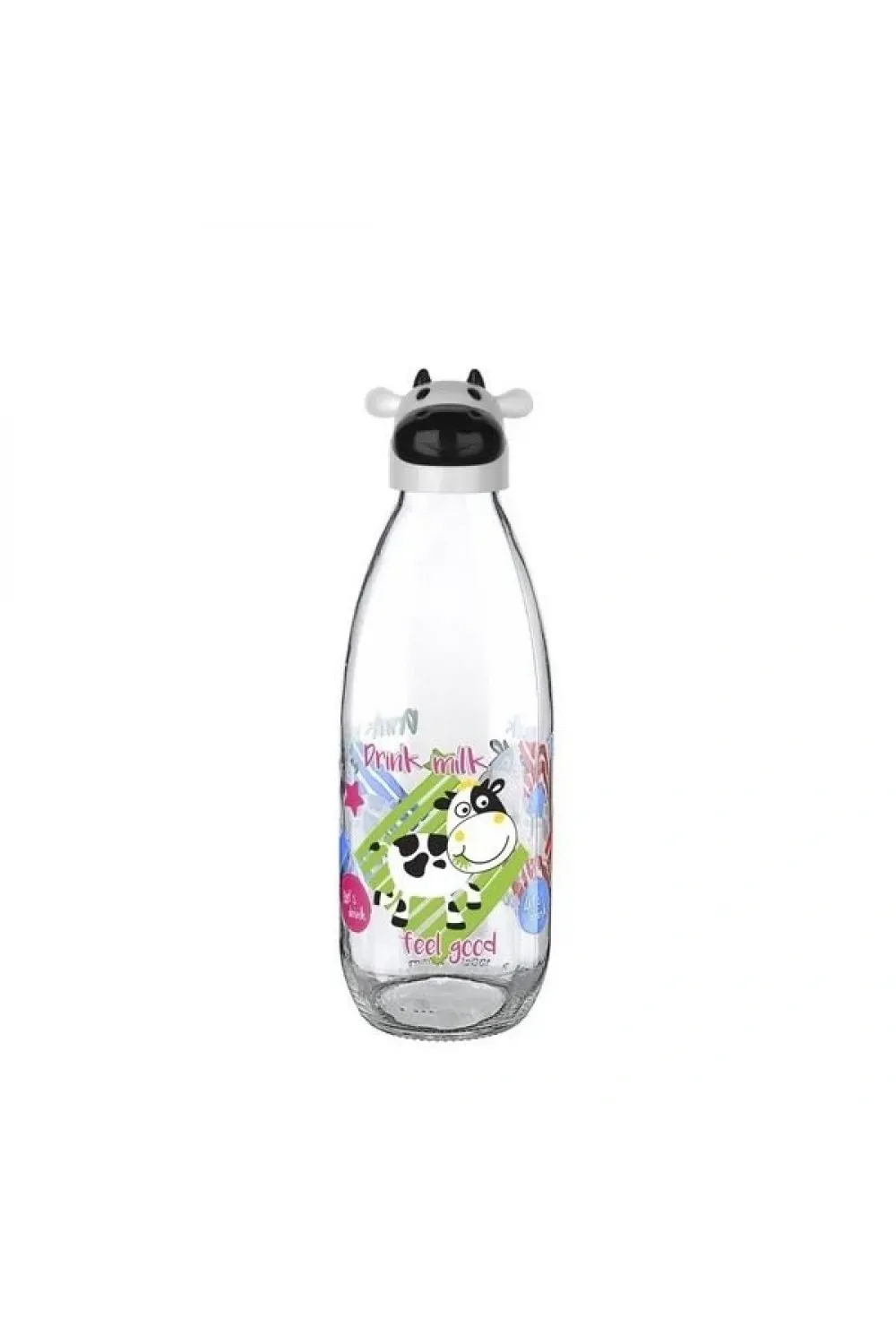 İnek Tasarımlı Sevimli Cam Suluk - Süt Şişesi 1000 Ml