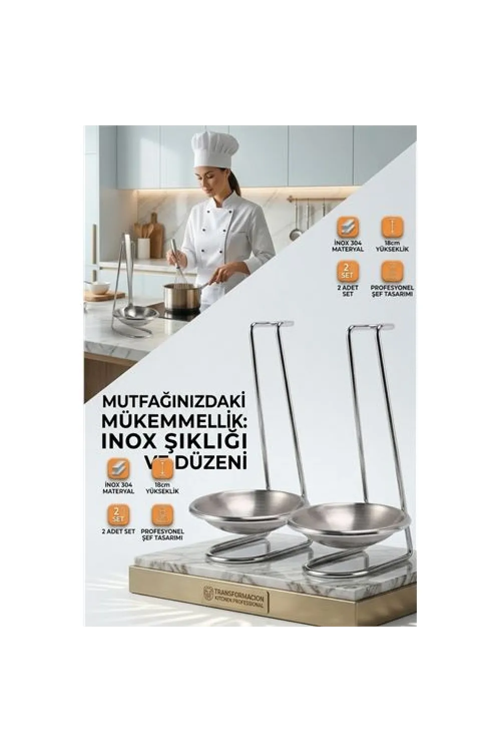 Inox Kepçe Standı - 2 li Kaşık Kepçe Standı- Profesyonel Şef Tasarımı 722045