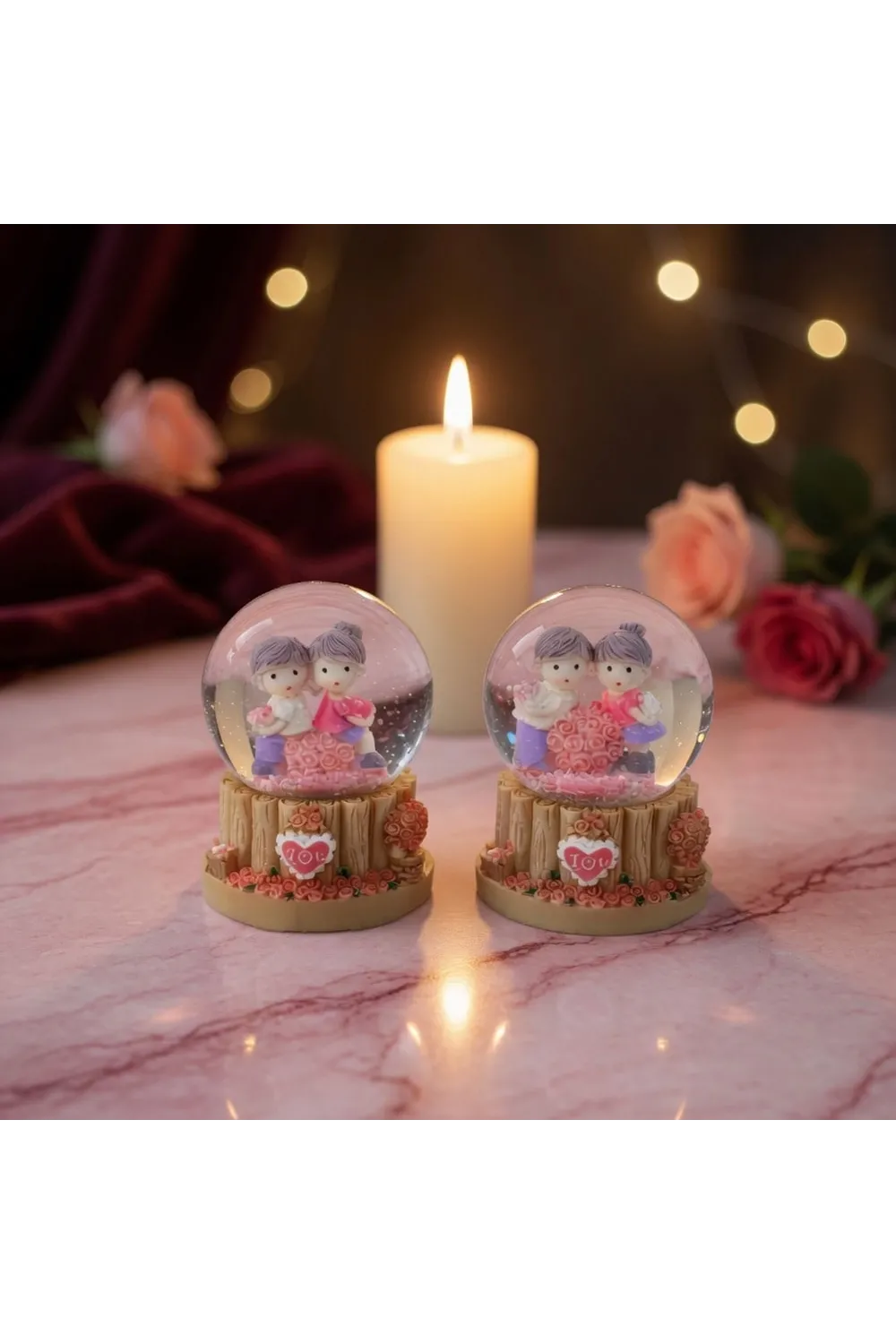 Işıklı Mini Kar Küresi - Çift Temalı - Pilli - Dekoratif - Romantik Hediyelik