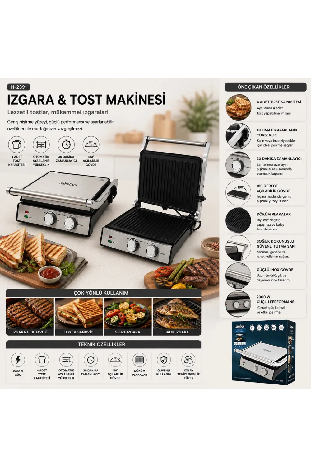 Izgara Ve Tost Makinesi 4 Dilim Yapışmaz Yüzey 2000w Ssm-2598