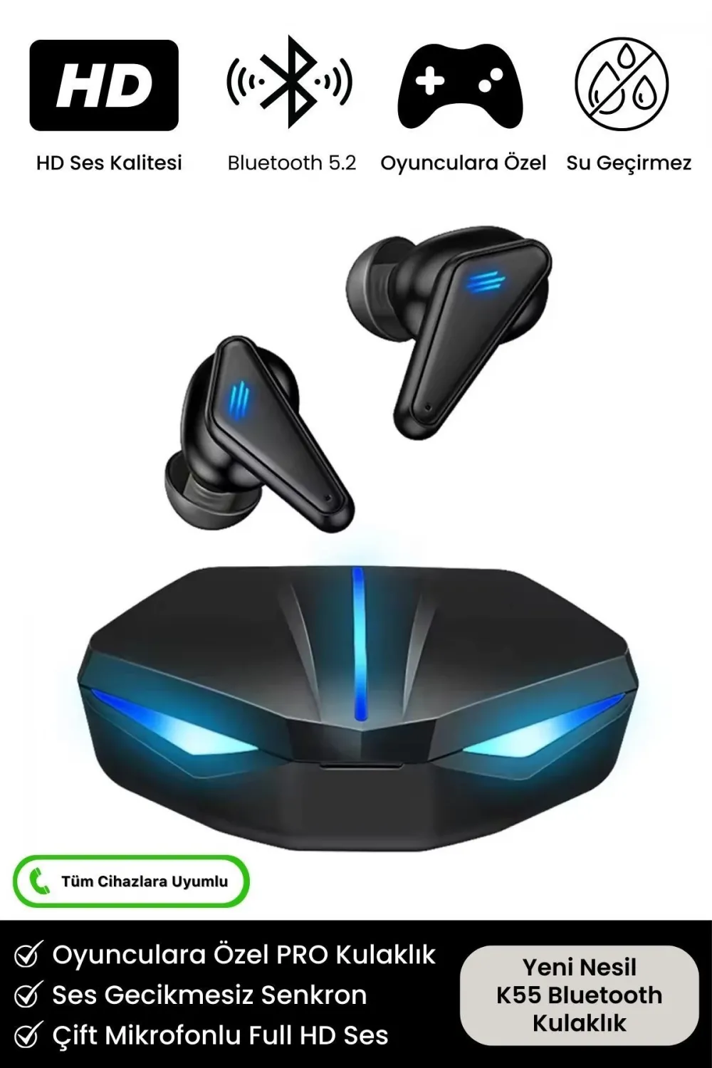 K55 Tws Pro Oyuncu Kulaklığı 3d Stereo Ses Extra Bass Işıklı Mikrofonlu Bluetooth Kablosuz Kulaklık