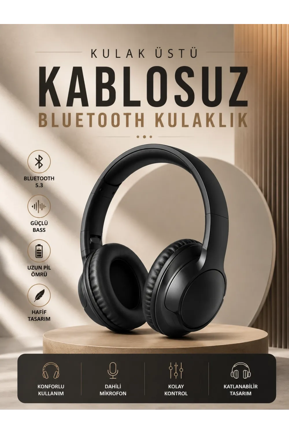 Kablosuz Bluetooth Kulaklık Kulak Üstü Mikrofonlu 5.0 Bluetooth Anc Özelliği