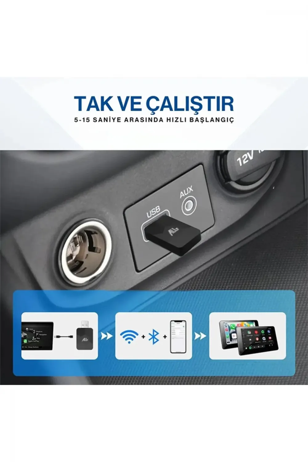 Kablosuz CarPlay & Android Auto Adaptörü  Apple ve Android Cihazlar İçin Evrensel Wireless Carplay Çevirici