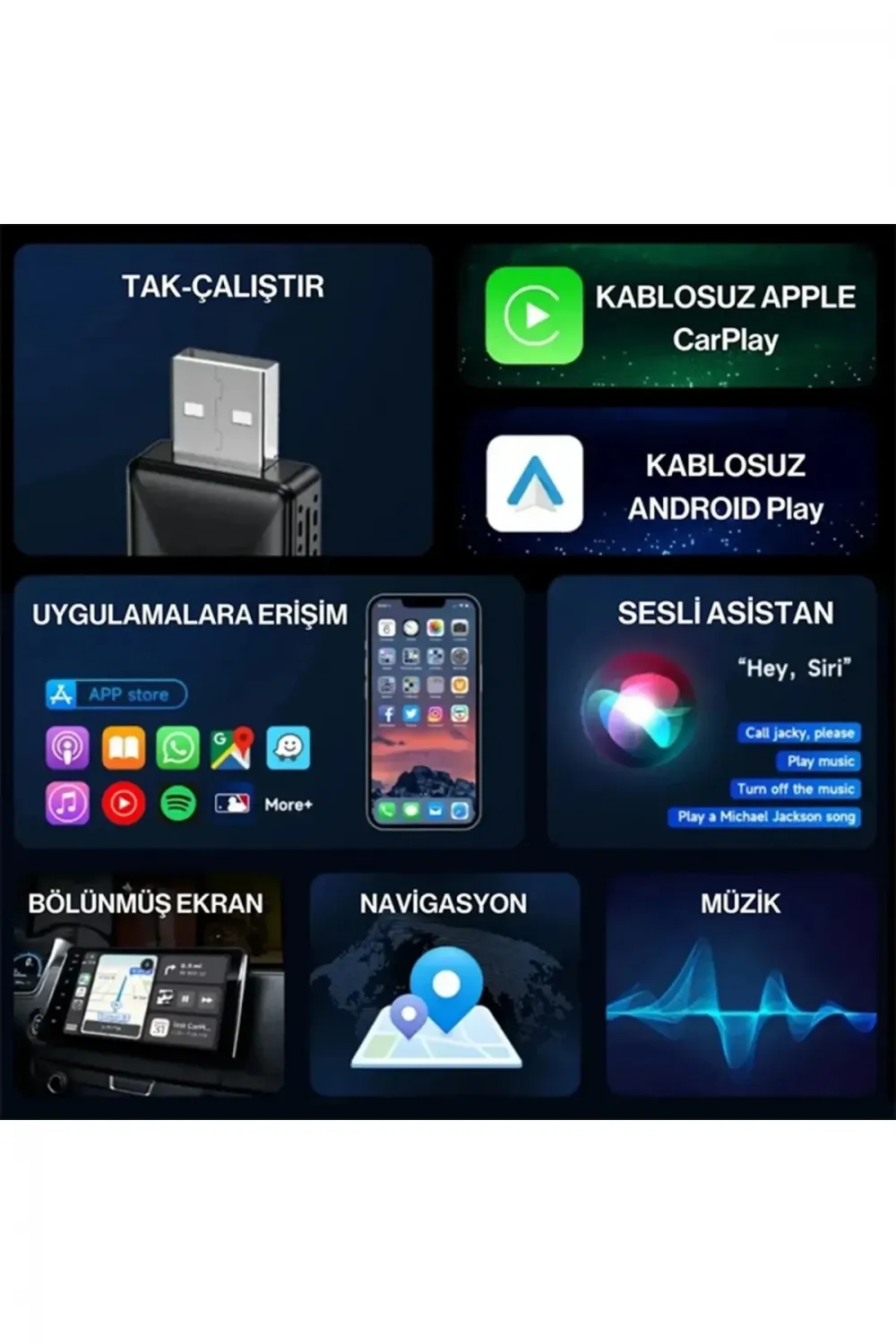 Kablosuz CarPlay & Android Auto Adaptörü  Apple ve Android Cihazlar İçin Evrensel Wireless Carplay Çevirici