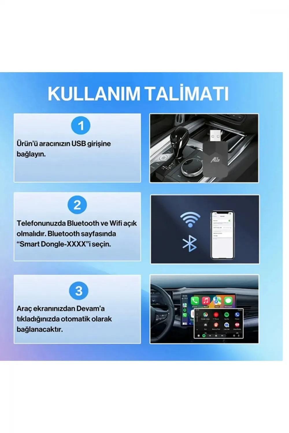 Kablosuz CarPlay & Android Auto Adaptörü  Apple ve Android Cihazlar İçin Evrensel Wireless Carplay Çevirici