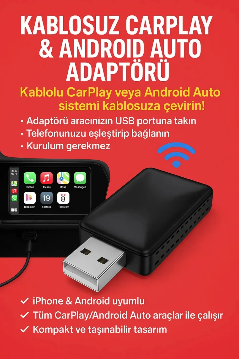 Kablosuz CarPlay & Android Auto Adaptörü  Apple ve Android Cihazlar İçin Evrensel Wireless Carplay Çevirici