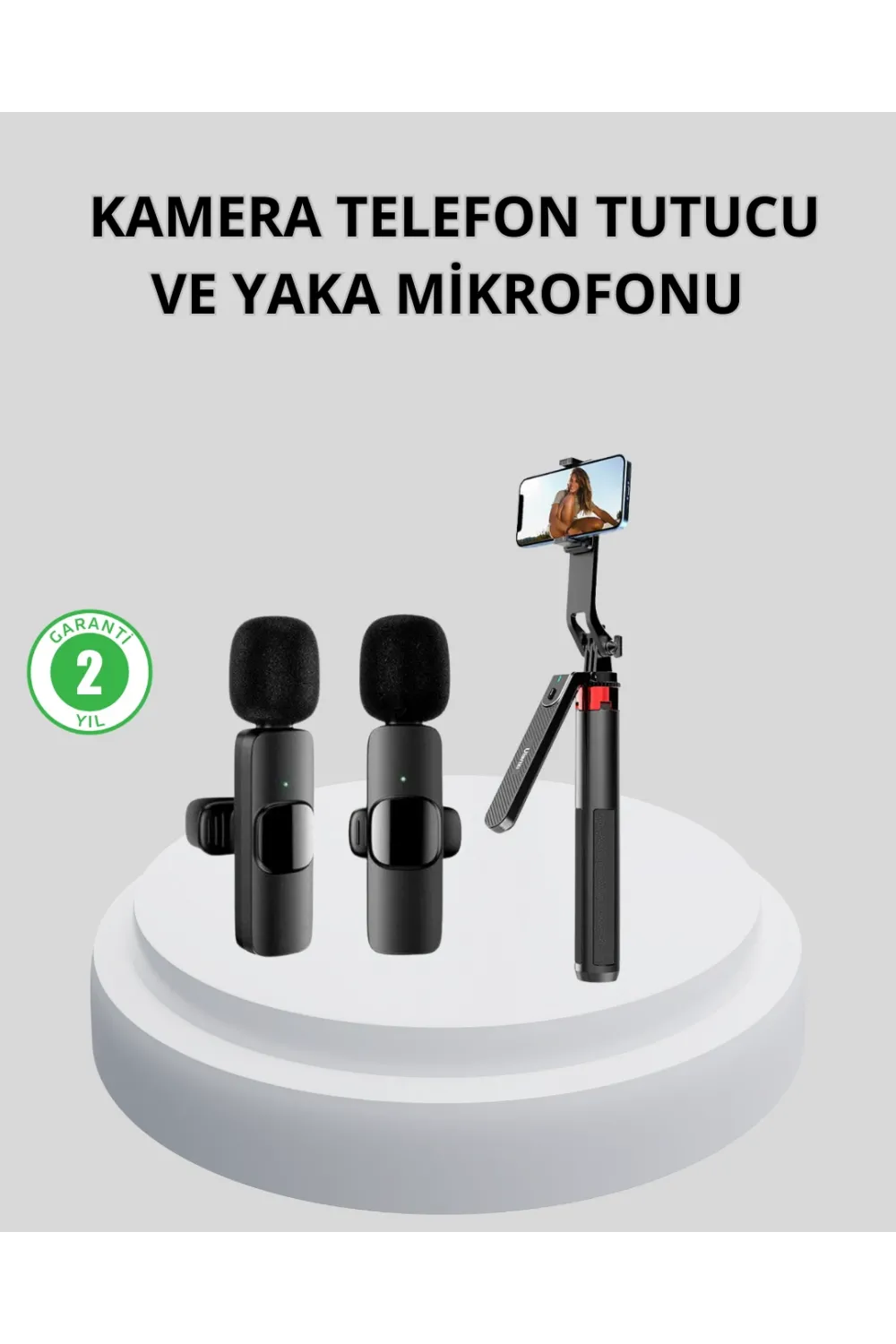Kablosuz Çift Yaka Mikrofonu Ve Tripodlu Selfie Çubuğu İçerik Üretici Seti