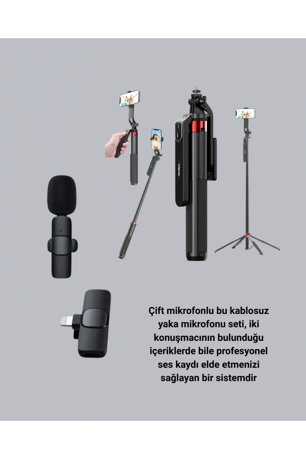 Kablosuz Çift Yaka Mikrofonu Ve Tripodlu Selfie Çubuğu İçerik Üretici Seti