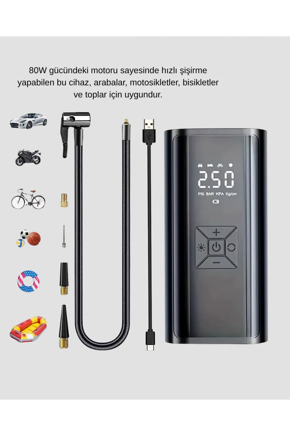 Kablosuz Dijital Lastik Şişirme Pompası Led Işıklı 80w
