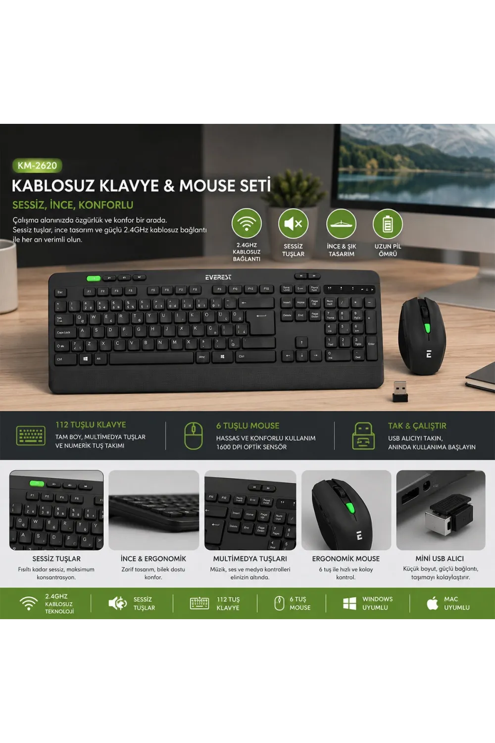 Kablosuz Klavye - Mouse Seti Siyah Usb - Sessiz - Switch Q Klavye KM-2620