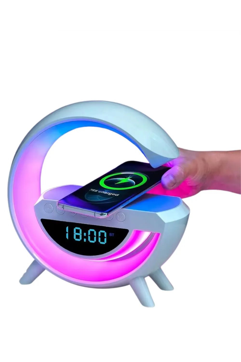 Kablosuz Şarjlı Led Işıklı Masa Saati Bluetooth Hoparlör Alarm Fonksiyonlu
