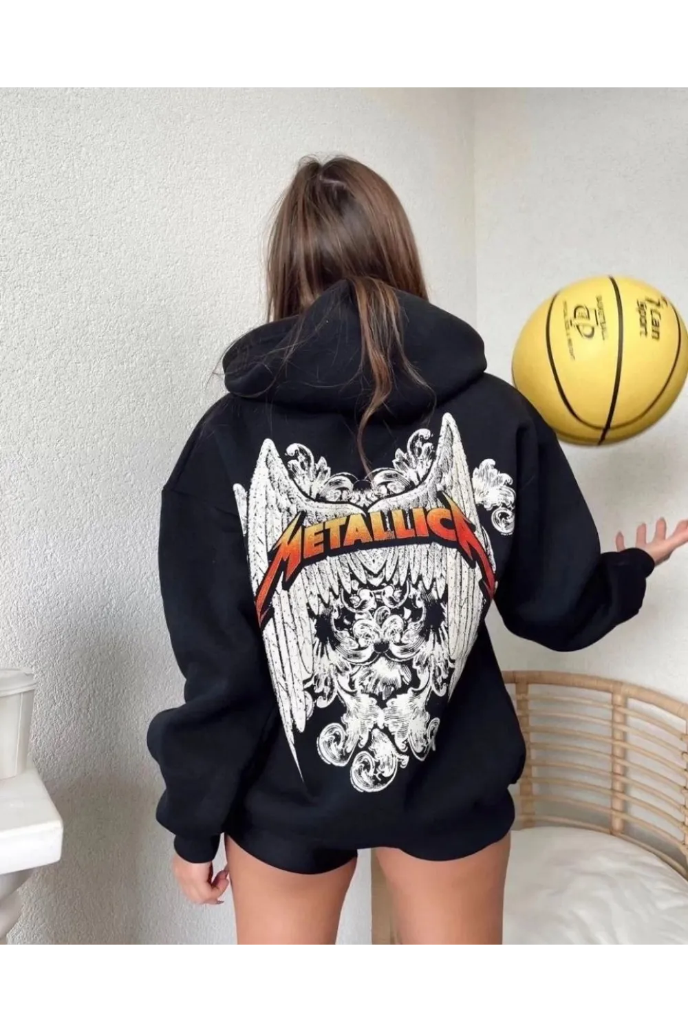 Kadın 2 İplik METALLICA Baskılı Kapüşonlu Hoodie Sweatshirt - Siyah