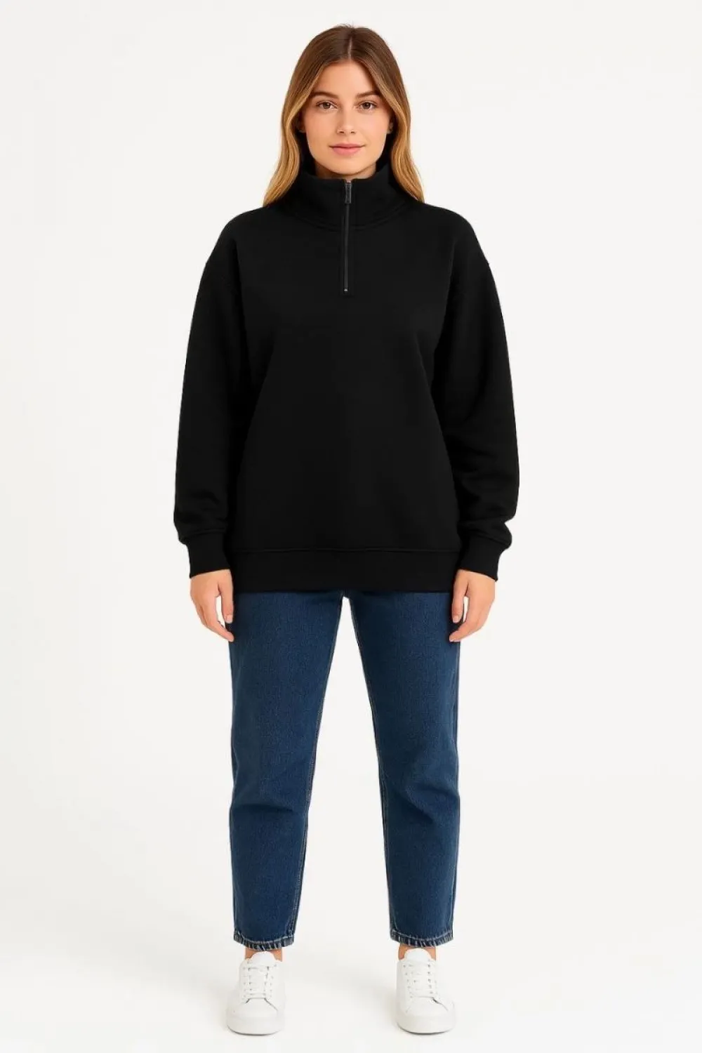 Kadın 3 İplik Pamuklu Dık Yaka Yarım Fermuarlı SweatShirt - Siyah