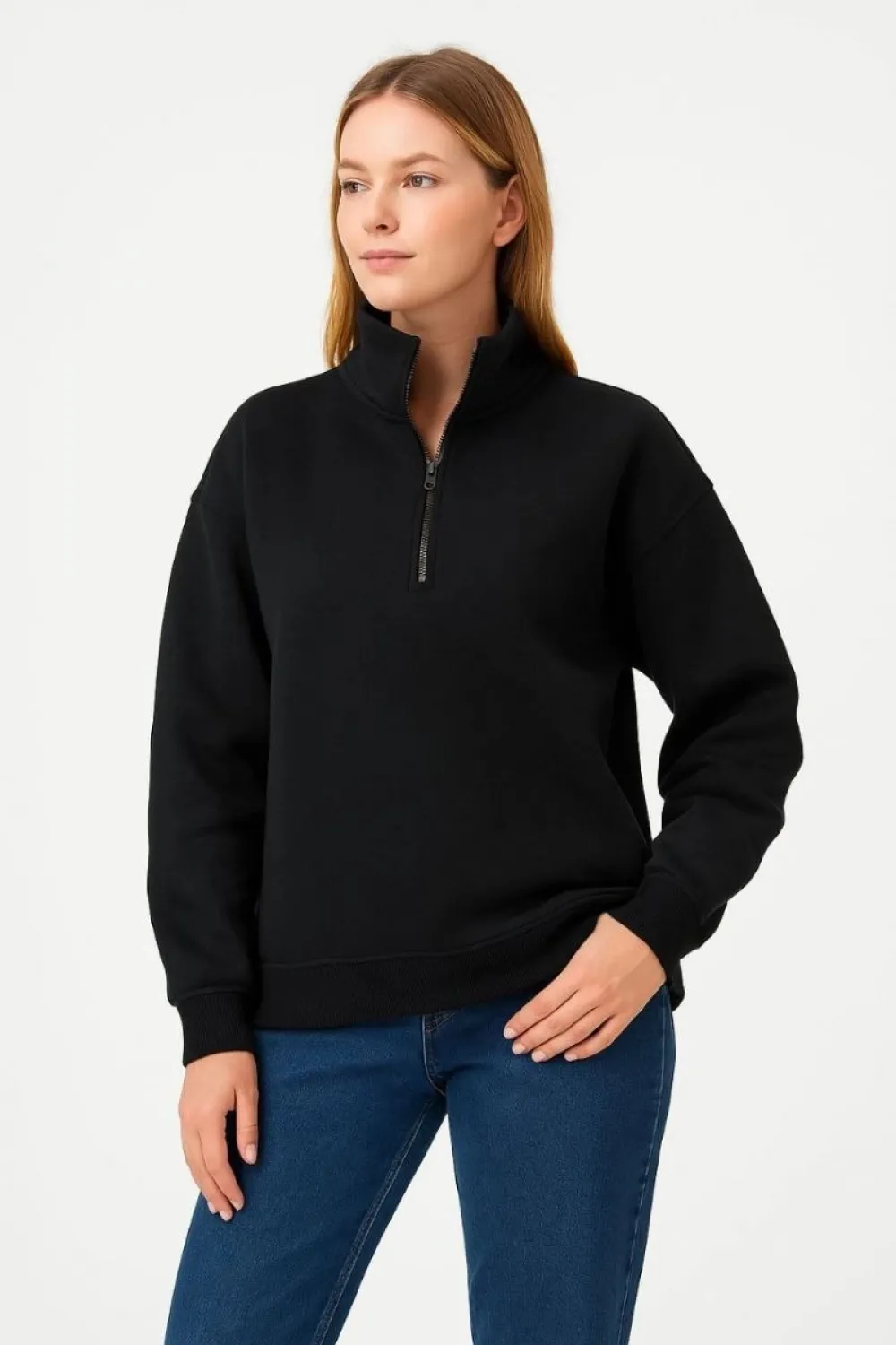 Kadın 3 İplik Pamuklu Dık Yaka Yarım Fermuarlı SweatShirt - Siyah