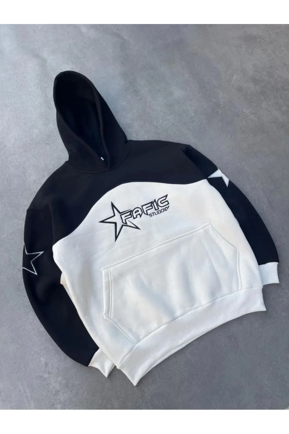 Kadın 3 İplik Pamuklu Parçalı Nakış İşlemelı Kapüşonlu SweatShirt Hoodie - Siyah