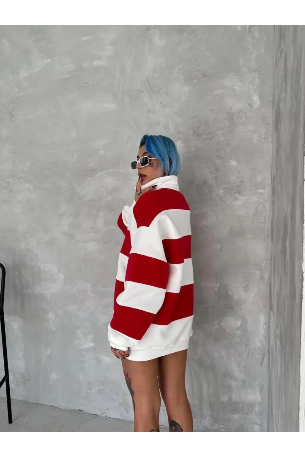 Kadın 3 İplik Pamuklu Parçalı Yakalı SweatShirt - Kırmızı