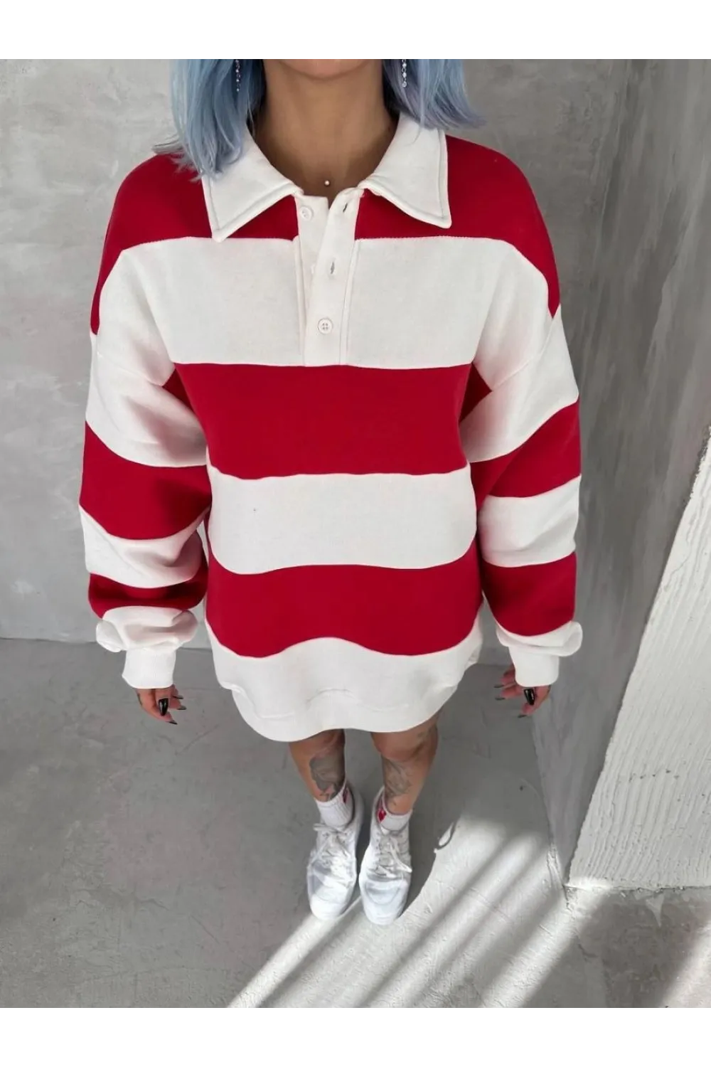 Kadın 3 İplik Pamuklu Parçalı Yakalı SweatShirt - Kırmızı
