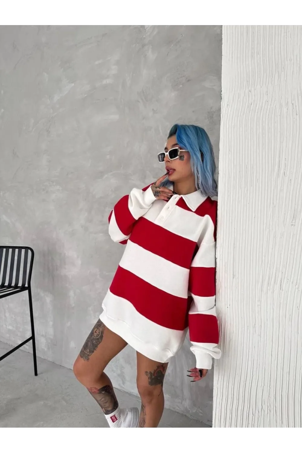 Kadın 3 İplik Pamuklu Parçalı Yakalı SweatShirt - Kırmızı