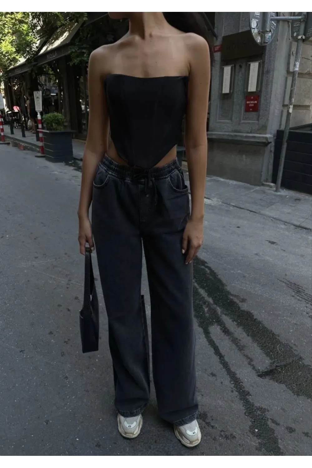 Kadın Arkadan Yırtmaçlı Jeans Kot Palazzo Pantolon - Siyah
