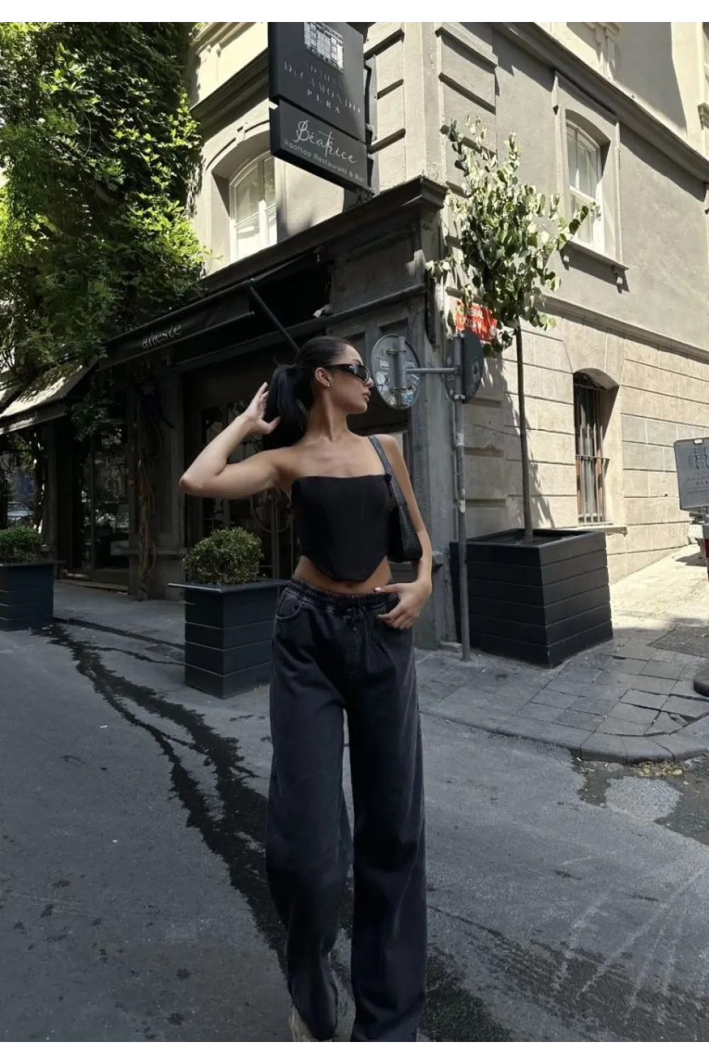 Kadın Arkadan Yırtmaçlı Jeans Kot Palazzo Pantolon - Siyah