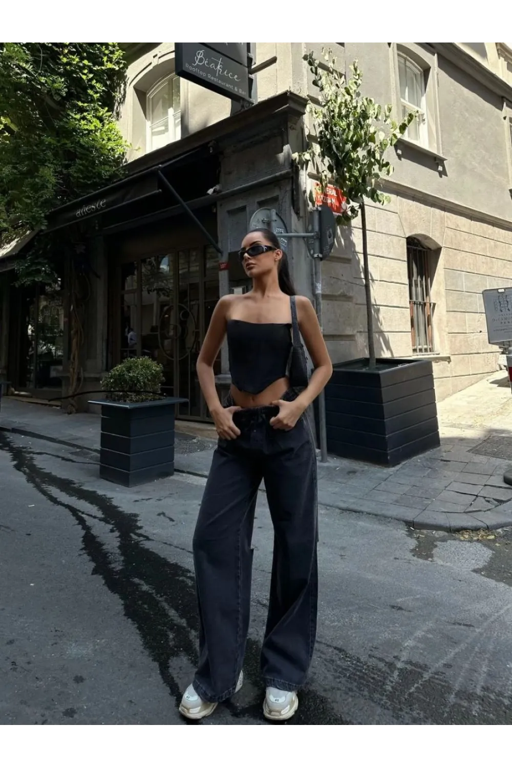 Kadın Arkadan Yırtmaçlı Jeans Kot Palazzo Pantolon - Siyah