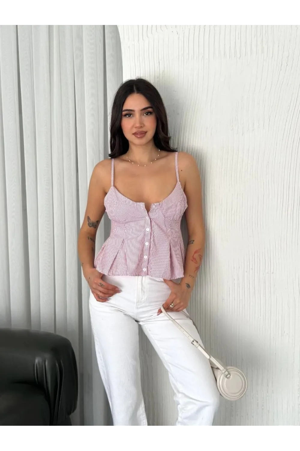 Kadın Askılı Dekolte deraylı crop - Kırmızı